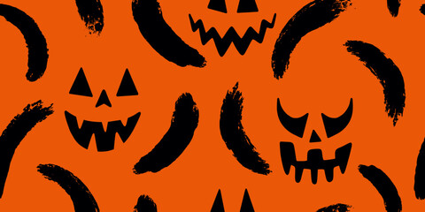 Spooky Halloween Pumpkin Faces with Brush Strokes Pattern
