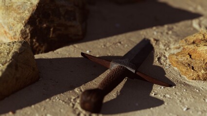 An old and rusted sword lies on the ground, partially obscured by rough stones. The warm sunlight casts long shadows, adding a sense of mystery to this forgotten relic, surrounded by history.
