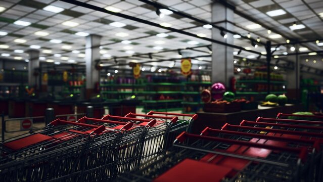 Rows of colorful grocery items fill the space, while empty shopping carts stand ready. The store buzzes with potential as customers prepare for evening purchases and delightful meals. - Powered by Adobe