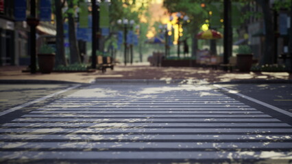 In a tranquil city street, sunlight filters through trees, casting patterns on the pavement. Fallen leaves create a colorful carpet, inviting passersby to enjoy the serene atmosphere.