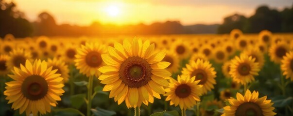 Obraz premium Golden hour sunlight bathes a field of vibrant yellow sunflowers, creating a breathtaking display of nature's beauty Perfect for summer, harvest, or nature themes , summer, countryside, sunny
