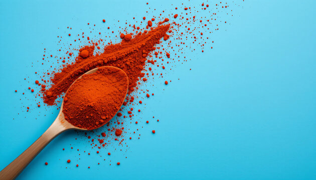 Teaspoon of bright chili powder against a blue background, spicy cooking concept