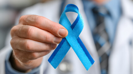doctor hand holding blue ribbon in loop shape on white background, prostate cancer symbol, november, prostate cancer awareness month, male oncology, medicine, health