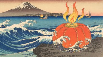 Ukiyo - e Style Halloween Pumpkin by Mount Fuji and Sea