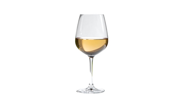 A stemmed wine glass, partially filled with pale yellow wine, sits against a black background. The glass is elegant and clear - Powered by Adobe