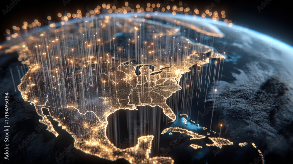 Poster global connectivity over north america: a high-tech network visualization showing data transmission 