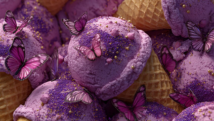 Close up abstract macro view of vibrant purple and yellow  dusted with snow and frost