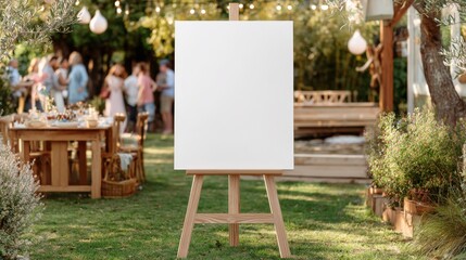 Easel with Blank Canvas in Garden Setting for Customizable Signage and Event Display