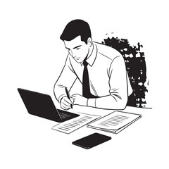 Black and white line art of a hardworking man at office desk with laptop and documents minimalist illustration