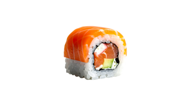 Single salmon sushi roll, cut, showing rice, fish, cream cheese, and avocado filling against a black background