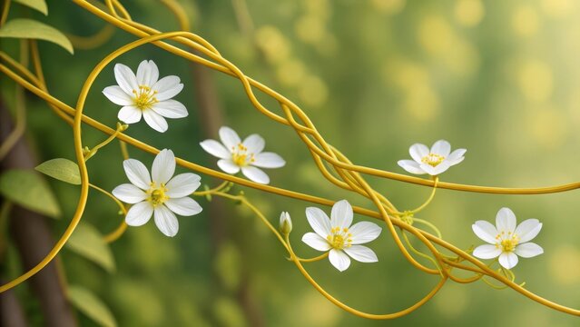 Delicate white flowers bloom on twisting green vines in a sunlit forest canopy - Powered by Adobe