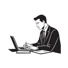 Black and white line art of a hardworking man at office desk with laptop and documents minimalist illustration