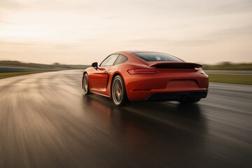 Sleek Red Sports Car in Motion on Racetrack: Capturing Speed and Performance at Dusk