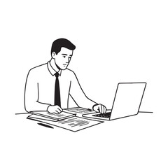 Black and white line art of a hardworking man at office desk with laptop and documents minimalist illustration