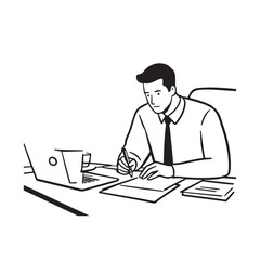 Black and white line art of a hardworking man at office desk with laptop and documents minimalist illustration