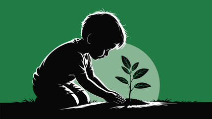 Young boy planting a tree seedling in rich soil, symbolizing growth, nature, and environmental stewardship for a sustainable future
