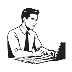 Black and white line art of a hardworking man at office desk with laptop and documents minimalist illustration