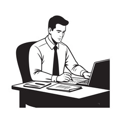 Black and white line art of a hardworking man at office desk with laptop and documents minimalist illustration