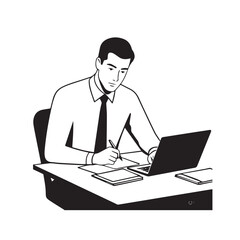 Black and white line art of a hardworking man at office desk with laptop and documents minimalist illustration