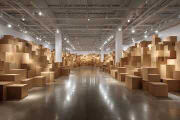 Wide, bright shot: endless stacks of cardboard boxes, warehouse interior. Great for illustrating distribution, logistics, or material supply themes.