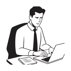 Black and white line art of a hardworking man at office desk with laptop and documents minimalist illustration