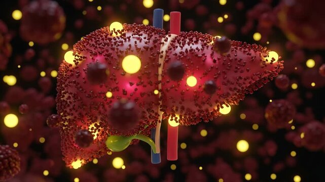 Microscopic view of diseased liver organ with viral infection microscopic particles and glowing yellow spheres 4K, Ai, HD video.	
