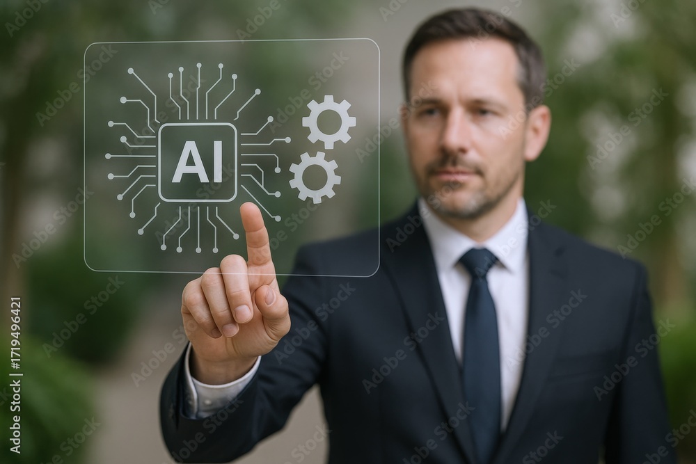 Poster professional businessman interacting with an artificial intelligence interface displaying ai, circui