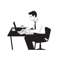 Black and white line art of a hardworking man at office desk with laptop and documents minimalist illustration