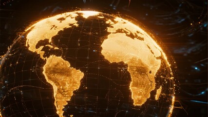 Golden illuminated globe with digital network overlay showing continents and global connectivity