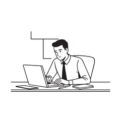 Black and white line art of a hardworking man at office desk with laptop and documents minimalist illustration