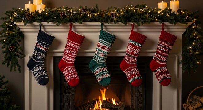 A row of colorful knitted Christmas stockings hanging on a festive mantelpiece decorated with evergreen garland and candles above a cozy fireplace