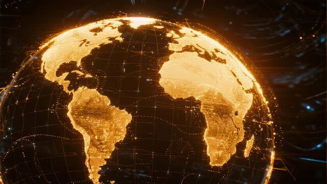 Golden illuminated globe with digital network overlay showing continents and global connectivity - Powered by Adobe