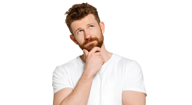  a man with a beard, thinking and looking up, isolated on a transparent background 