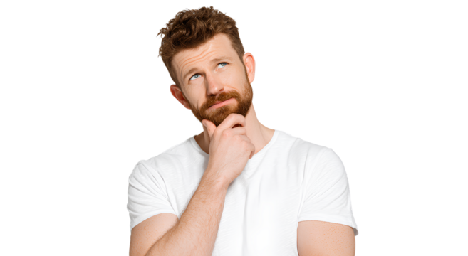  a man with a beard, thinking and looking up, isolated on a transparent background 