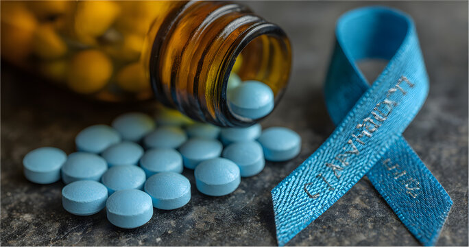 Ruban bleu de sensibilisation avec pilules et flacon, symbolisant la pr&eacute;vention et la lutte contre le cancer de la prostate, fond bleu avec espace n&eacute;gatif copyspace - mois de novembre