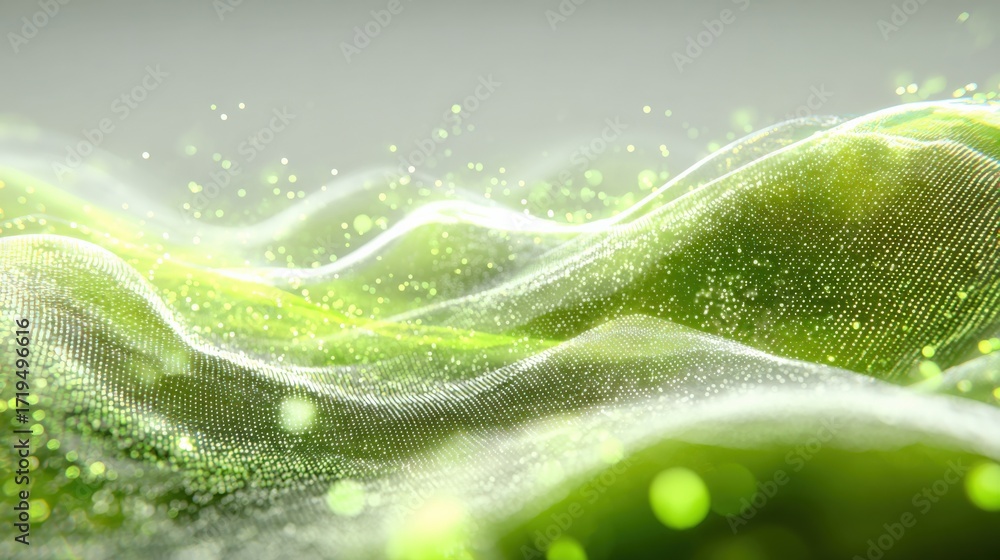 Poster abstract green wavy particle surface with bokeh lights, perfect for technology or environmental back