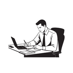 Black and white line art of a hardworking man at office desk with laptop and documents minimalist illustration