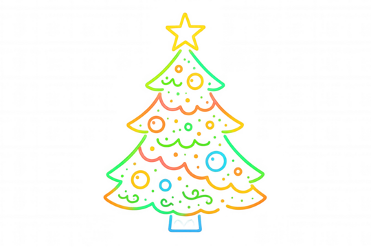 Christmas tree glowing outline with colorful gradient effect, festive seasonal decoration, holiday symbol on transparent background - Powered by Adobe