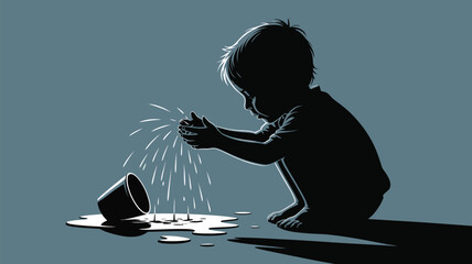 Charming silhouette of toddler playing with water creating a playful moment of childhood wonder and innocence, perfect for family and parenting themes