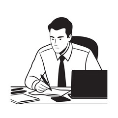 Black and white line art of a hardworking man at office desk with laptop and documents minimalist illustration