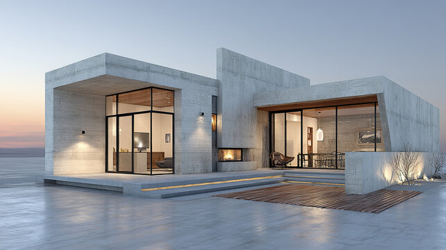 Modern concrete house with large glass windows and outdoor wooden deck at dusk, featuring minimalist design and warm interior lighting creating cozy atmosphere