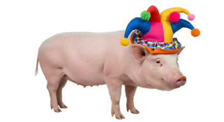 Funny pink pig wearing a colorful jester hat ready for celebration or April Fools' Day. isolated PNG with Transparent Background
