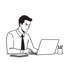 Black and white line art of a hardworking man at office desk with laptop and documents minimalist illustration