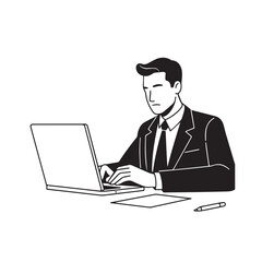 Black and white line art of a hardworking man at office desk with laptop and documents minimalist illustration