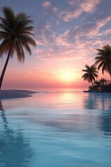 Tropical Beach Sunset with Palm Trees and Calm Ocean Water Reflection, Colorful Sky