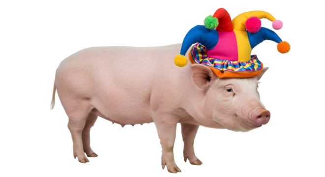 Funny pink pig wearing a colorful jester hat ready for celebration or April Fools' Day. isolated PNG with Transparent Background
