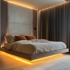 Modern bedroom interior with a large bed, curtains, and ambient lighting creating a cozy and luxurious atmosphere