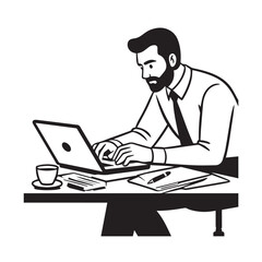 Black and white line art of a hardworking man at office desk with laptop and documents minimalist illustration