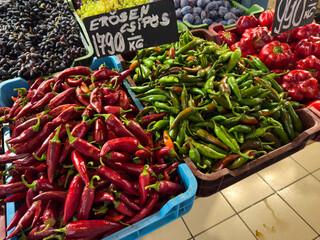 red and green hot chili peppers in Hungary on market stall