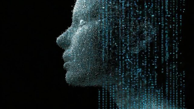 Abstract human face profile made of particles dissolving into a streaming binary code, representing artificial intelligence, machine learning, deepfake, big data, and virtual reality concepts